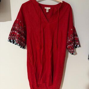 Neiman Marcus 100% Linen Red Dress with Embroidered Sleeves - Size M